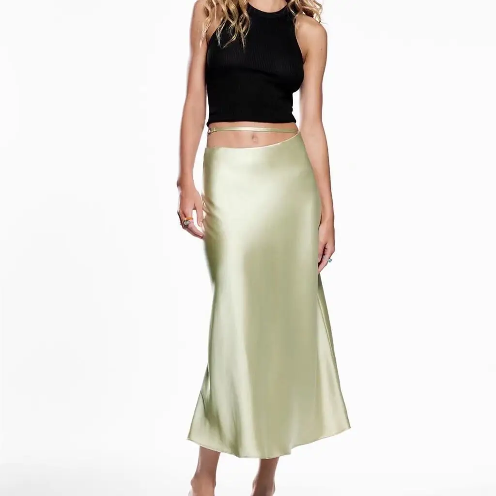 2022 Spring New High Waist Thin Versatile Silk Satin Midi Skirt satin skirt
