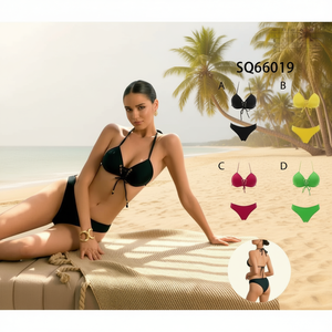 Set Bikini Hdj SQ66019 Nero Giallo Rosso Verde Taglie 42 44 46 48 Top e Slip a Stringa Costume da Bagno Donna Due Pezzi Elasticizzato Lavorato a Maglia - Product Image 5