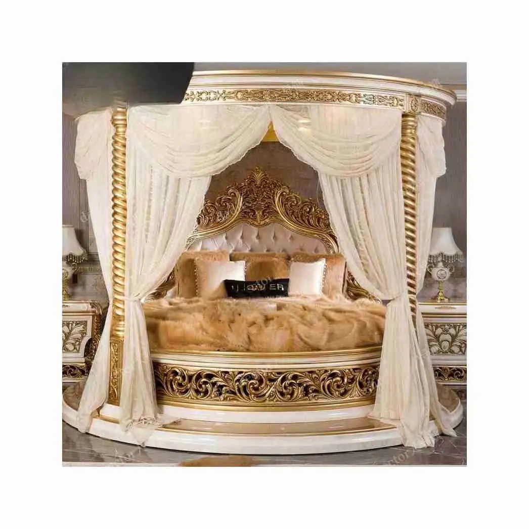 Avrupa klasik katı ahşap mahkeme yuvarlak yatak büyük daire Frenchluxury oyma yatak ana yatak odası high-end çift kral yatak
