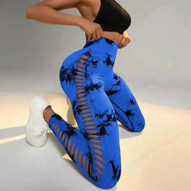 2023 donne Tie Dye scava fuori Leggings sport Yoga pantaloni Fitness abbigliamento sportivo Sexy vita alta Push Up calzamaglia da palestra Leggings da corsa