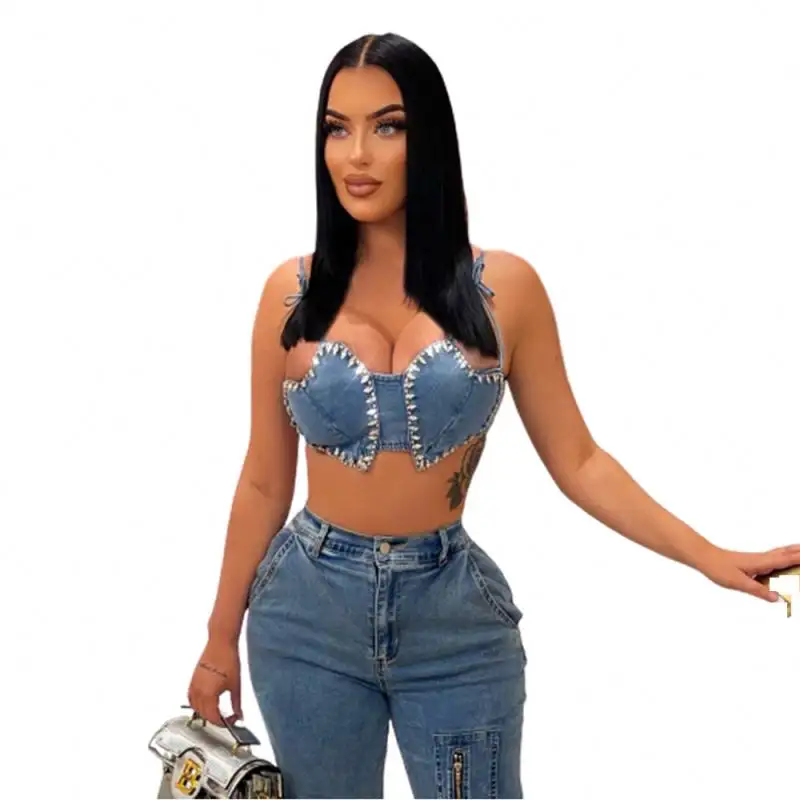 Thiết Kế Mới Cotton Top Jeans Sexy Halter Denim Của Phụ Nữ Ống Tops Với Khoan Chuỗi 2023 Mùa Hè Phụ Nữ Corset Crop Top