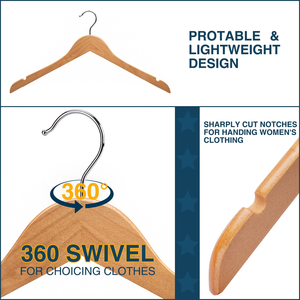 Wholesale Natural Non slip Solid Wood Hangers with Chrome <b>Hooks</b> Wooden Clothes Hangers for Closet Space Saving Heavy Duty - Product Image 2