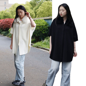 Blus wol kombinasi wanita, blus rajut satu ukuran cocok untuk semua lengan kelelawar pendek dengan kerah bulu - Product Image 5