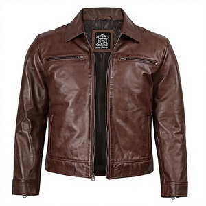 Chaqueta de Motociclista de Cuero Genuino Marrón para Hombre, Cuello Camisero, Cierre de Cremallera, Color Sólido, Largo Regular, para Otoño - Product Image 1