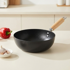 <span class=keywords><strong>Wok</strong></span> FLEY de Hierro Fundido sin Recubrimiento, Antiadherente, de Boca Ancha, con Mango de Madera y Tapa de Vidrio, Compatible con Estufas de Gas e Inducción - Product Image 1