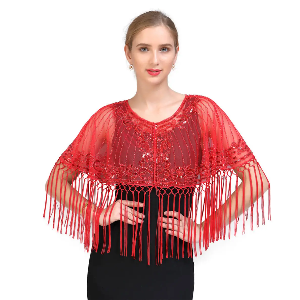Damen exquisite Pailletten bestickt Netzschal für alle Jahreszeiten Abendkleid mit langem Quaste-Frentel