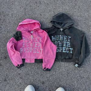 Ensemble sweats à capuche et pantalons de survêtement en strass pour hommes avec logo personnalisé imprimé Dtg Combinaison de survêtement vintage surdimensionnée avec pierres précieuses Y2k délavé à l'acide - Product Image 2