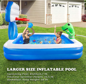 Piscina Inflable para Niños, Piscina Infantil con <span class=keywords><strong>Aro</strong></span> de Baloncesto y Aspersor de Dinosaurio, Juguetes Acuáticos para Exteriores - Product Image 4