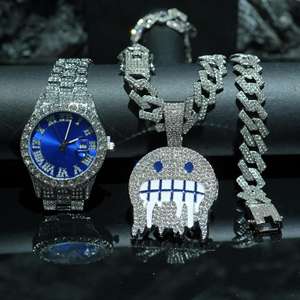 ヒップホップ時計ネックレスブレスレットセット高級3個セットメンズクォーツ腕時計ファッションチャームジュエリー - Product Image 2