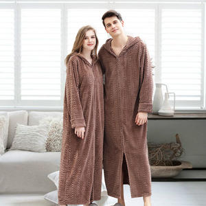 New Fall and Winter <strong>Zip</strong>-up Bathrobe <strong>with</strong> Hooded Lengthen the Sleeves <strong>Dressing</strong> <strong>Gown</strong> Couple's Flannel Nightgown - Product Image 5