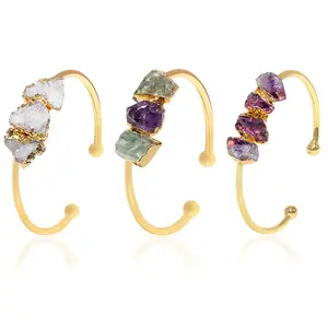 Handmade Open Cuff Bangle Jewelry with Gold Trim Irregular Raw Amethyst Stone Bracelet for Women
