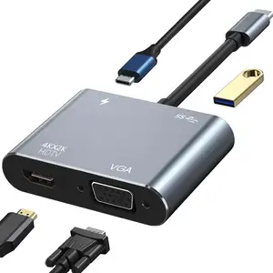 นวัตกรรม 4 in 1 USB C Hub Converter แบบพกพาประเภท C USB Dock เครื่องชาร์จเร็ว USB 3.0 Multiport Hub