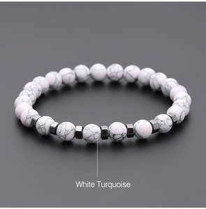 Pulsera de Cuentas de Piedra Natural de Moda, Turquesa Blanca, Roca Volcánica, Ágata Negra Mate, Brazalete Elástico - Product Image 3