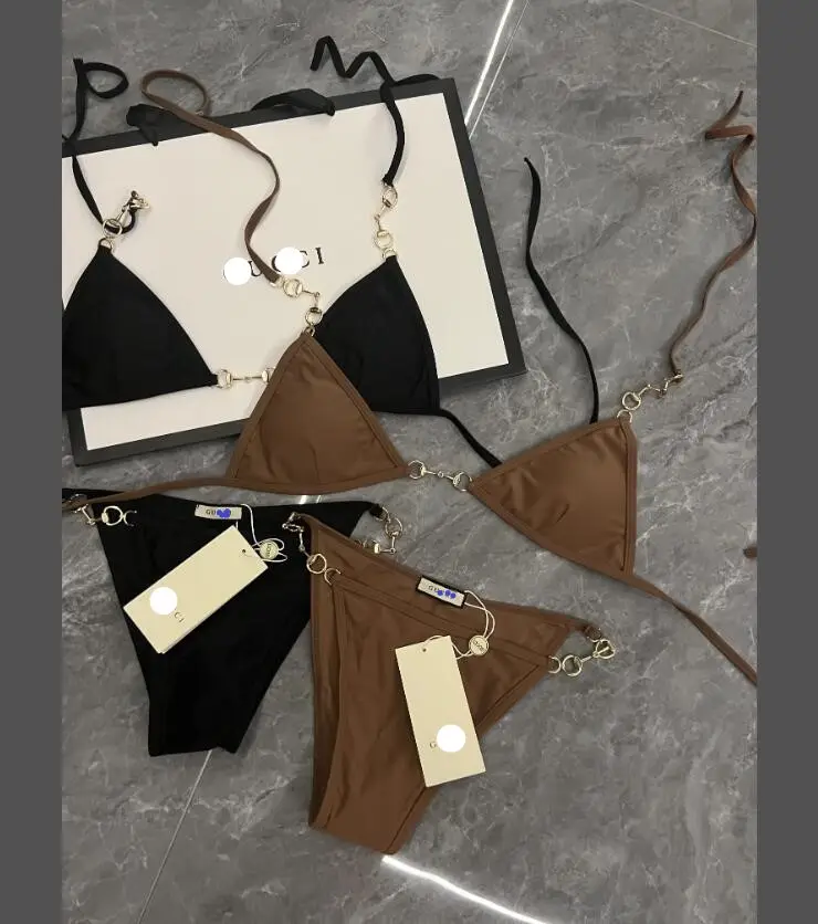 Voorraad 2 Kleuren Driehoek Top Luxe Merk Badmode Met Ketting Sexy Vrouwen Designer Bikini