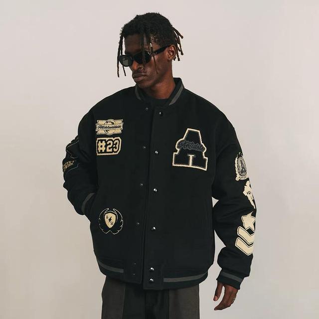 Vintage Men's Winter Varsity Jacket Windproof Waterproof Breathable Polyester/Cotton Basketball Oversize Collared Embroidery