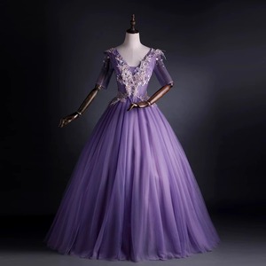 Purple Ball Gown Evening Dress V Neck Chiffon Empire Waist Vintage Style Performance Costume Stage Solo Vocal Exam Host Wear - Product Image 1