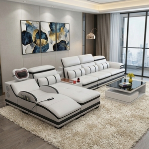 Divano Modulare Moderno in Pelle Bianca <span class=keywords><strong>e</strong></span> Nera - Set Sezionale di Lusso per Soggiorno Minimalista con Arte Astratta - Product Image 3
