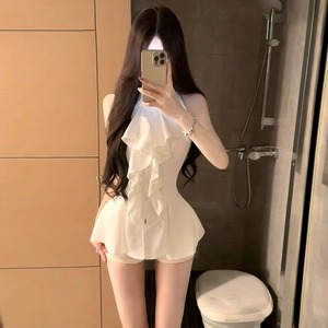 White Off Shoulder Ruffled Blouse Women Summer Slim Fit Elegant Top Everyday Wear Solid Color Polyester Shirt - Product Image 3