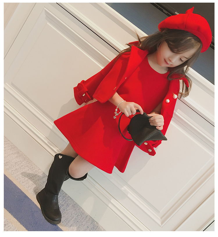 2022 Autumn Children's Set Girl Korean Version of Vest Skirt+woolen Jacket+hat Three-piece Sets Girl Party Fashion Red Clothes