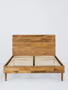 Mira Diamond Parquet Sheesham Wood <b>Bed</b> with Mid Century Design Slatted <b>Platform</b> <b>Base</b> and Tapered Legs Premium Bedroom Furniture - Product Image 1