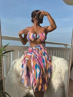 Xuanlang 3 couleurs Sexy maillots de bain pour femmes géométrique coloré imprimé licou Bikini avec couverture 3 pièces maillot de bain C3514 #