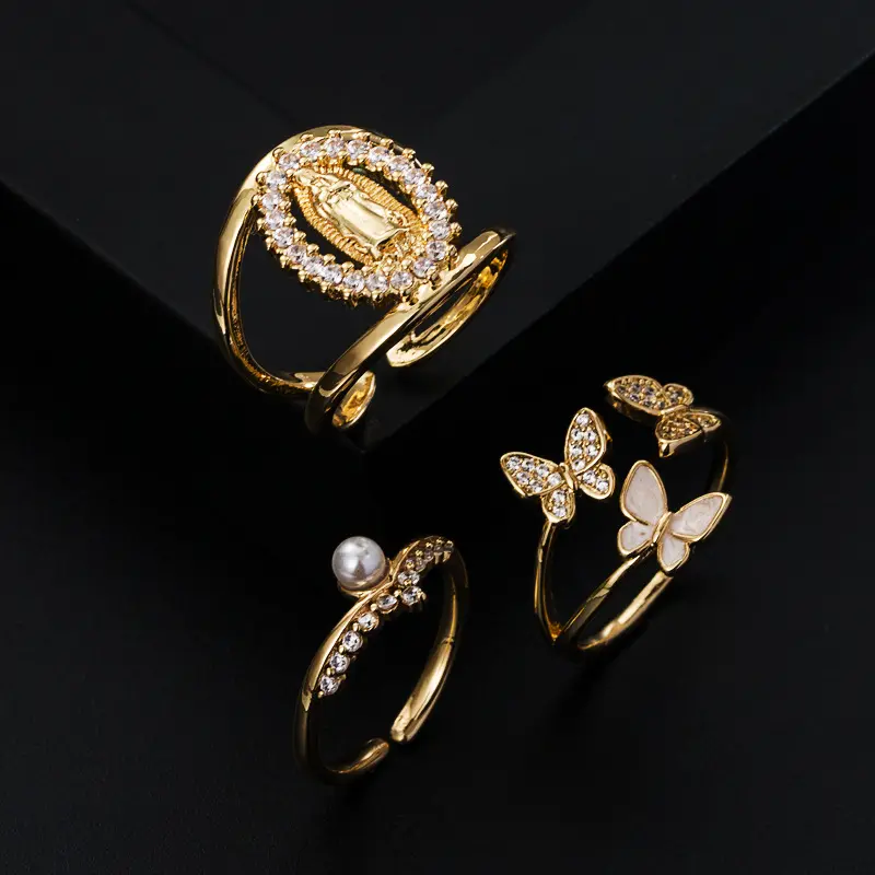 NUORO בציר משובץ זירקון זהב צבע נשים טבעת אירוסין תכשיטי חתונה בתולת מרי פרל פרפר טבעת