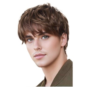 Perruque pour <span class=keywords><strong>homme</strong></span>, courte, droite et bouclée, marron/noir, volumineuse, avec frange oblique et soignée, <span class=keywords><strong>coiffure</strong></span> modifiable en une seule pièce - Product Image 3