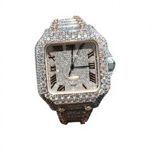 Moissanite <b>Diamond</b> <b>Watch</b> Square Dial Glass Crystal Stainless Steel Bracelet Clasp Fully Iced Out Movement 10 Bar Water Resistant - Product Image 1