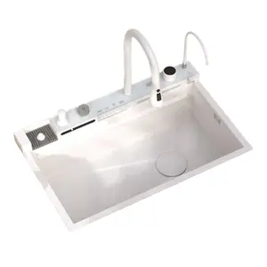 Weiße 304 Edelstahl-Wasserfall-Küchenspüle-Kran mit Digital-Display und Klaviertasten-Design einschließlich Seifenspender