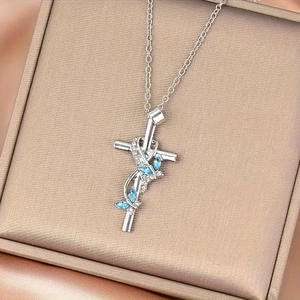 Collier pendentif croix à la mode avec strass en cristal bleu pour femmes, cadeau 2024 - Product Image 1
