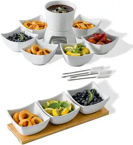 White Ceramic Appetizer Tray Desserts Serving Tray Bamboo Wood Tray and Ceramic Double Layer Fondue Set Snack Bowl