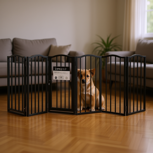 ประตูกั้นสุนัขแบบพับได้ 6 แผง ขนาด 118.1 นิ้ว สีดำ ทำจากไม้ป็อปลาร์ สำหรับสัตว์เลี้ยง ใช้ภายในบ้าน สไตล์โมเดิร์น ปิดแบบผลักขึ้น - Product Image 2