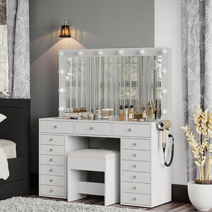 Coiffeuse moderne <span class=keywords><strong>avec</strong></span> 15 tiroirs, en acier inoxydable, station <span class=keywords><strong>de</strong></span> charge, 12 ampoules LED, <span class=keywords><strong>miroir</strong></span> HD, 3 niveaux <span class=keywords><strong>de</strong></span> luminosité - Product Image 6