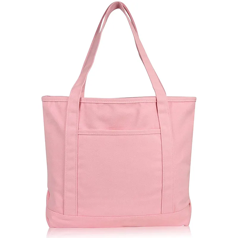 여성을위한 고품질 유기농 코튼 숄더 백 귀여운 핑크 캔버스 토트 북 가방 포켓
