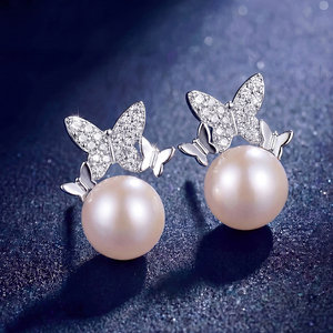 S925 <b>Silver</b> CZ Butterfly Freshwater Pearl <b>Stud</b> Earrings Cute Elegant Jewelry Gift for Women Girls - Product Image 4