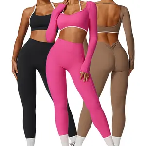 TZ8605 Conjunto feminino de ioga super elástico de alto impacto, blusa de cor cross over legging, fitness de secagem rápida, conjunto de 2 peças
