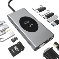 Hub USB Type C 15-en-1 pour ordinateur portable, hub de charge sans fil, VGA, USB3.0, USB2.0, SD, TF, RJ45, adaptateur USB 10W, audio 3,5 mm 100W
