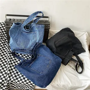 Portable Jeans Tote Shopping Handbag Messenger Canvas Bag Girl Fashionable Cowboy Art Shopping Shoulder Blues Totes Bags