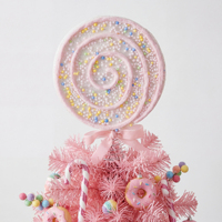 Décoration de sapin de Noël en forme de sucette géante fantaisie, motif tourbillon rose et blanc pailleté, avec base à ressort et nœud en ruban, en plastique, pour chambre d'enfant et fêtes