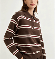 Pull en tricot rayé de style preppy pour femmes, col polo, manches longues, boutons