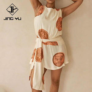 Wholesale beach print round neck sleeveless fitted waist casual short <b>Dress</b> custom rayon and viscose mini <b>Dress</b> - Product Image 1