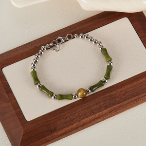 Joyería de Moda Unisex con Cuentas de Jade Natural del Sur, Bambú y Ojo de Tigre, Estilo Étnico, Cadena de Acero Inoxidable, para Aniversario - Product Image 2