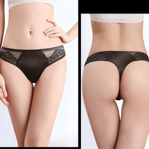 Tanga sin costuras negra para mujer con encaje, bragas de talle bajo transpirables de seda helada, ropa interior tipo T-back para mujer al por mayor - Product Image 4