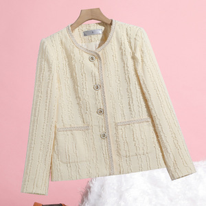 Women's Beige Tweed Blazer Long Sleeve Solid Color Stripes And Checks Woven Fabric Spring Autumn Wear - Product Image 1