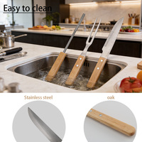 Ensemble d'outils de camping et de barbecue robuste 3 pièces avec couteau, fourchette et aiguiseur à manche en chêne, dans une boîte en bambou