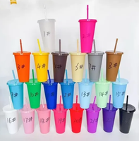 Tasse réutilisable avec couvercle et paille Tasse à café glacée colorée en plastique Tasse de voyage Boisson froide Gobelet en vrac pour fête d'anniversaire