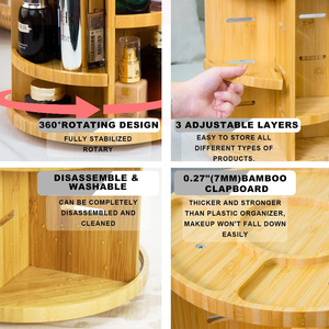 Organisateur de maquillage rotatif en bambou, support de maquillage de vanité en bambou réglable à 360 degrés, boîte de rangement et de présentation de cosmétiques - Product Image 6