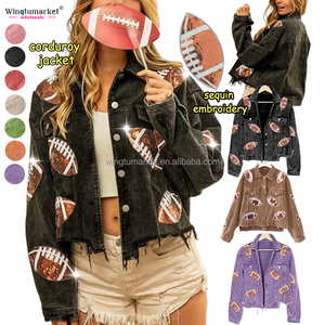 <span class=keywords><strong>Veste</strong></span> courte personnalisée pour <span class=keywords><strong>femme</strong></span> Vintage Wash Fringe Corduroy Shacket Baseball Football Broderie Sequin Patch Vestes pour femmes - Product Image 2