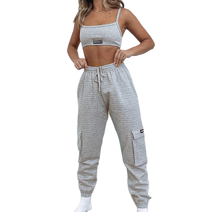 workout cropped tank top two piece cargo pants set 2pc palazzo pants cotton 2piece women outfits 2021