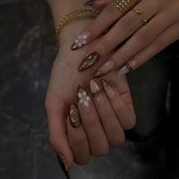 H005-16 Kaixin Grosir Kuku Palsu Almond Sedang Warna Nude Pink Coklat French Tip Emas Foil Motif Zebra Bunga Mengkilap